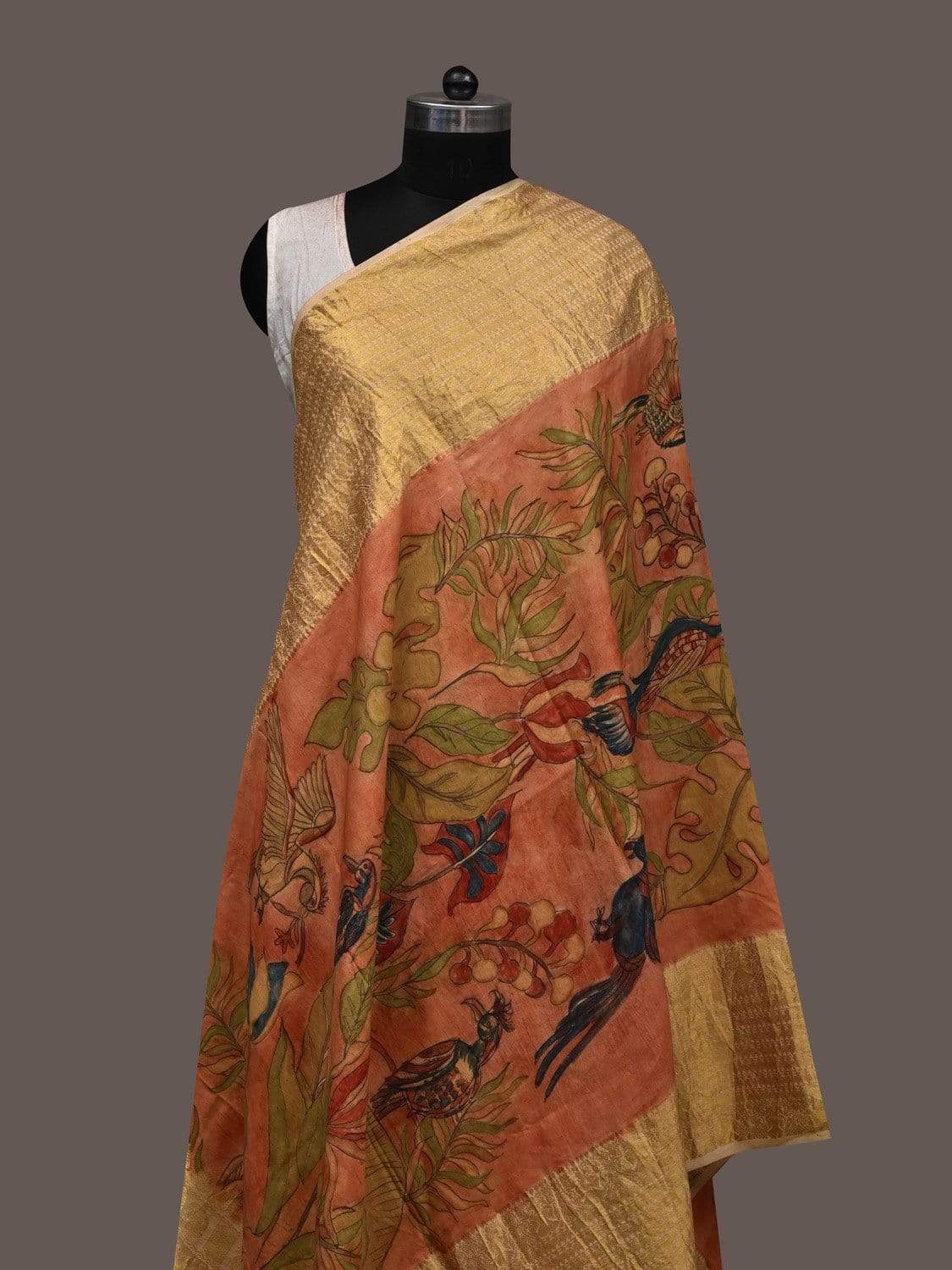 Peach Kalamkari Hand Painted Kanchipuram Silk Handloom Dupatta with Birds and Leaves Design ds2374