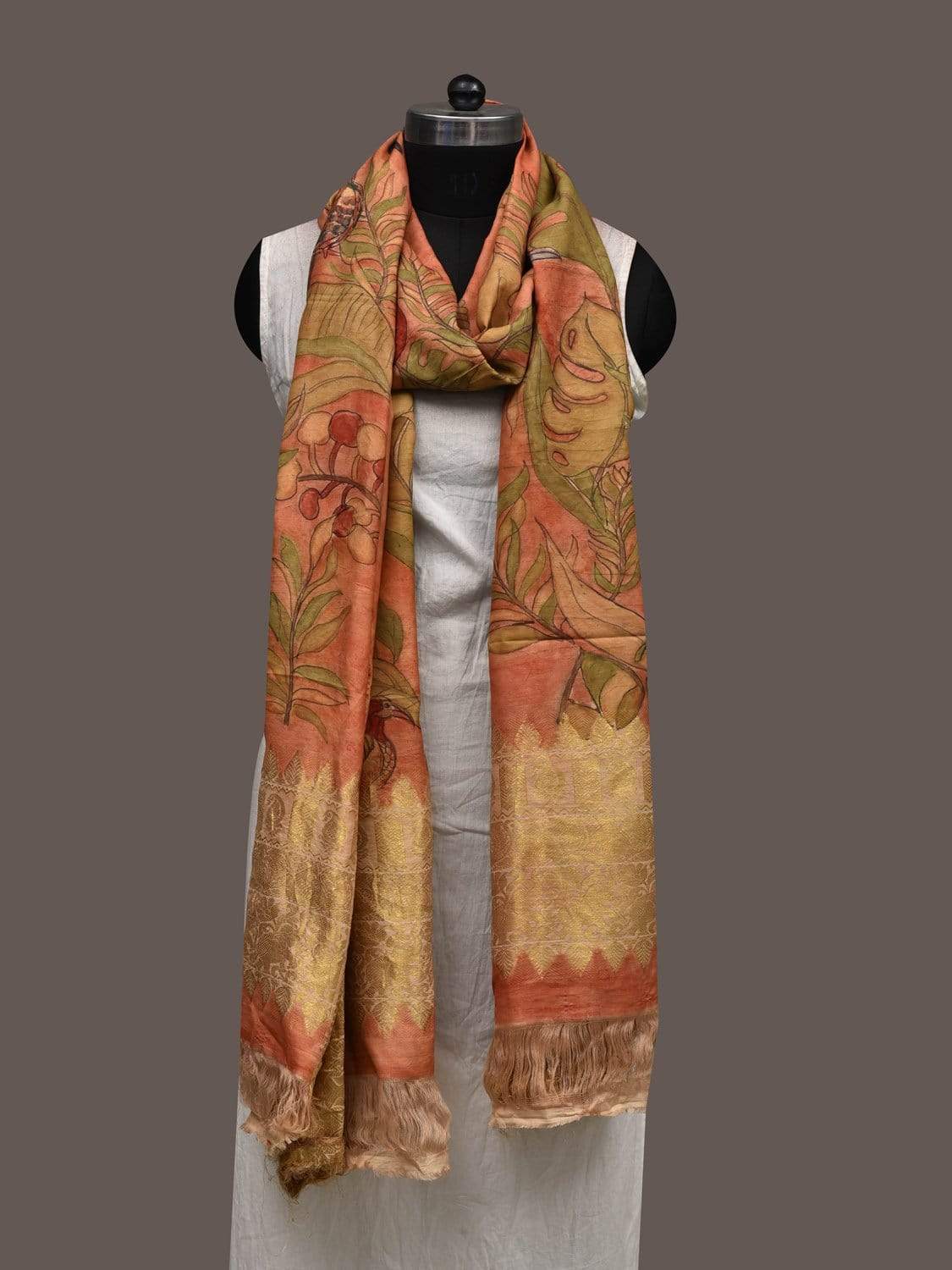Peach Kalamkari Hand Painted Kanchipuram Silk Handloom Dupatta with Birds and Leaves Design ds2374
