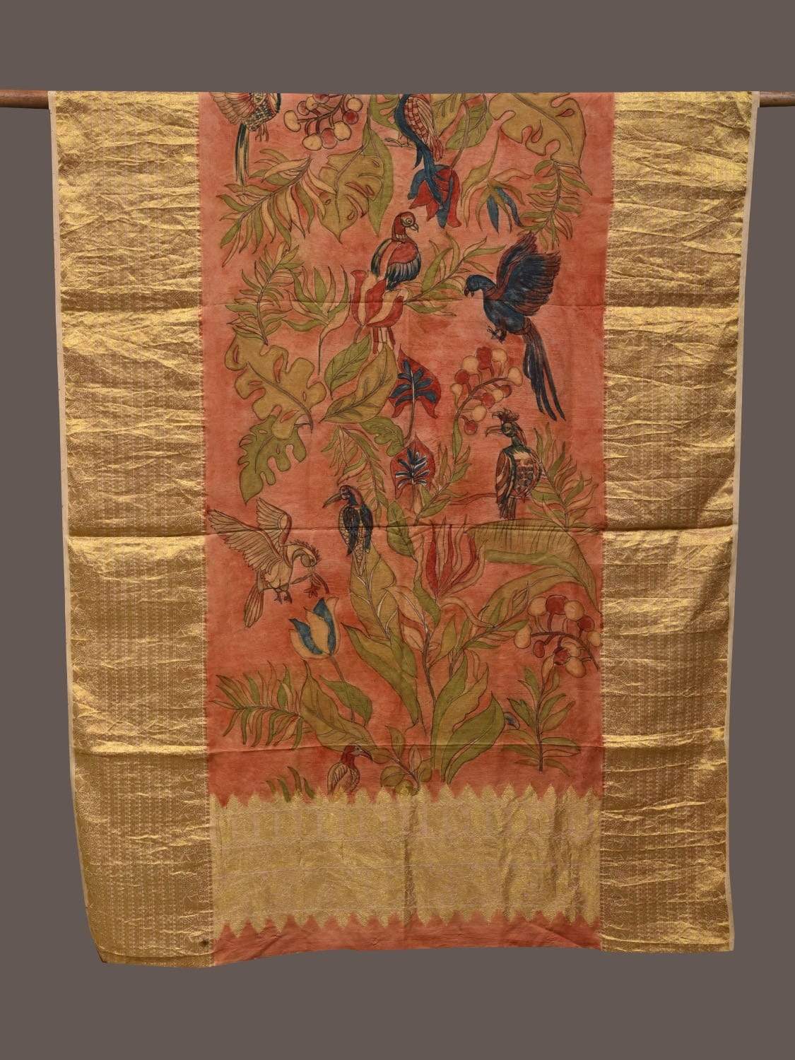Peach Kalamkari Hand Painted Kanchipuram Silk Handloom Dupatta with Birds and Leaves Design ds2374