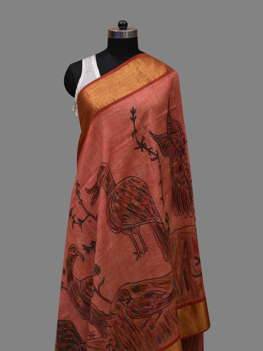 Peach Kalamkari Hand Painted Kanchipuram Silk Handloom Dupatta with Birds Design ds2606
