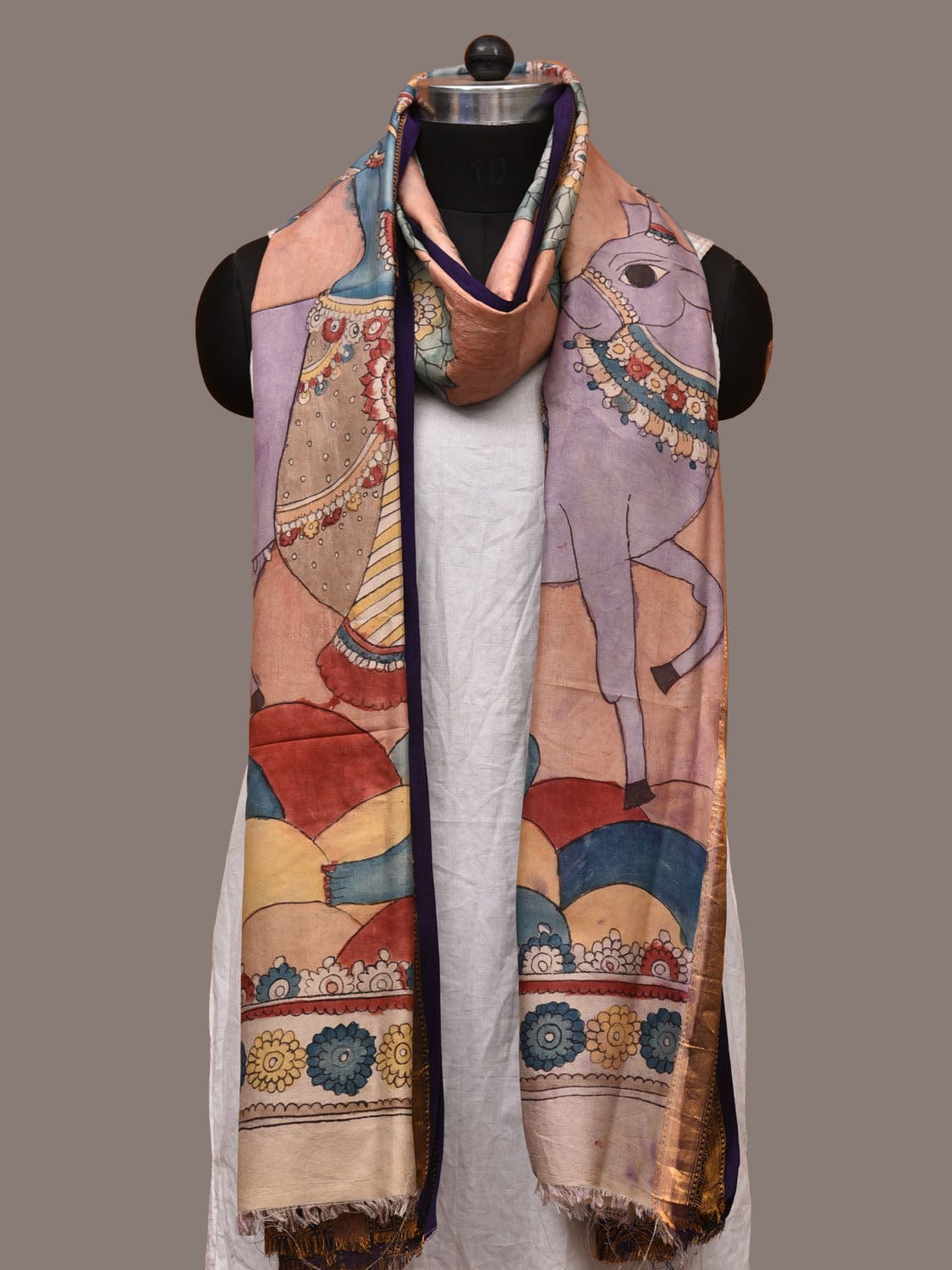 Peach Kalamkari Hand Painted Kanchipuram Silk Handloom Dupatta with Krishna and Cow Design ds3211