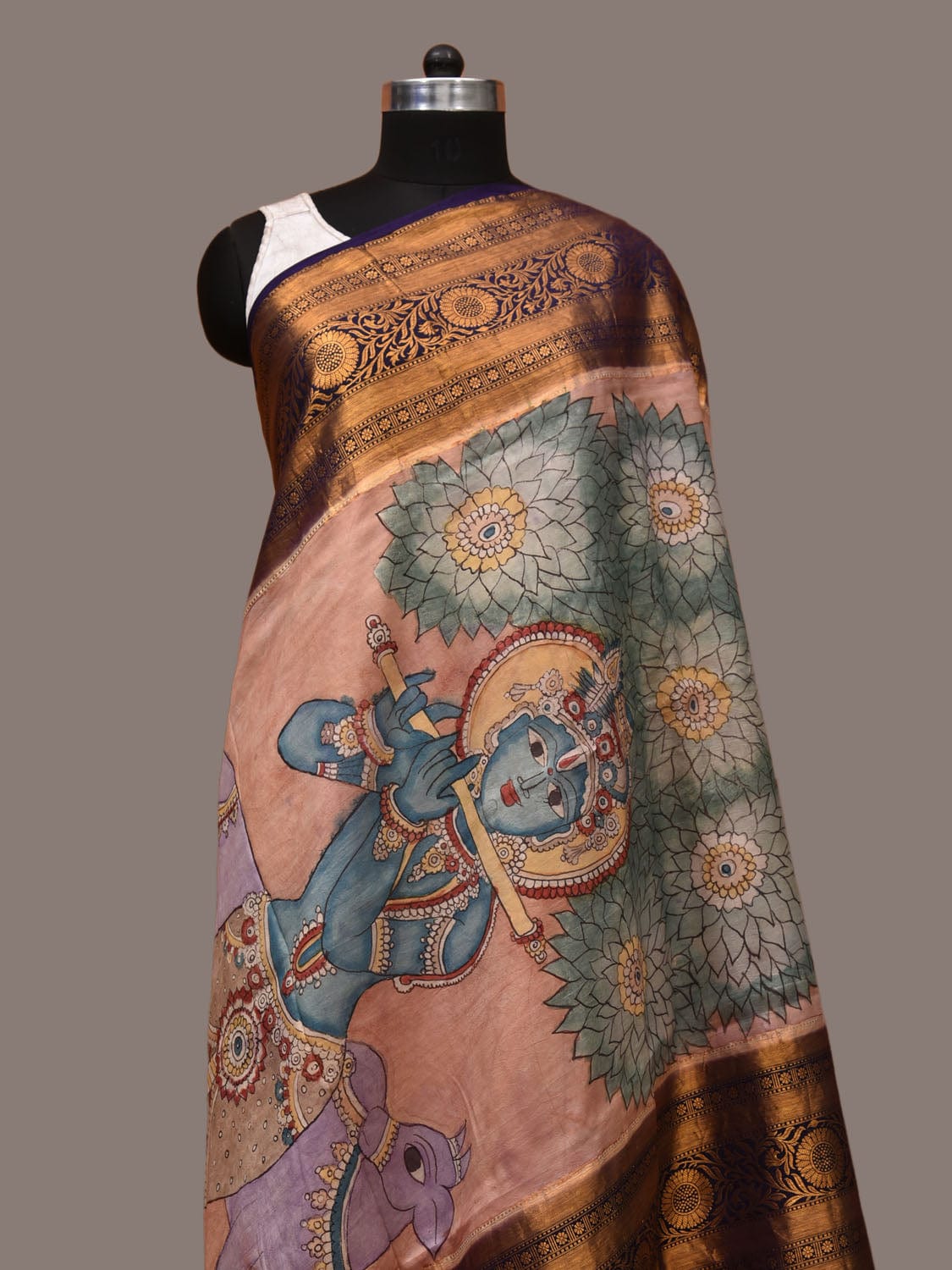 Peach Kalamkari Hand Painted Kanchipuram Silk Handloom Dupatta with Krishna and Cow Design ds3211