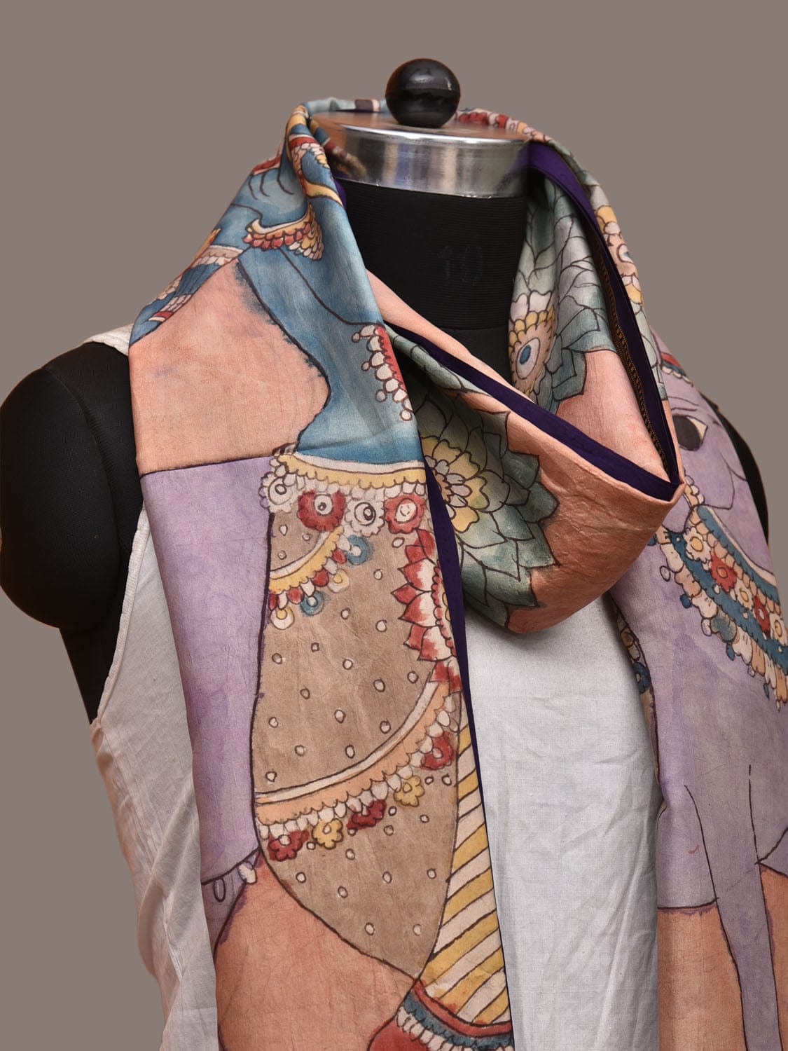 Peach Kalamkari Hand Painted Kanchipuram Silk Handloom Dupatta with Krishna and Cow Design ds3211