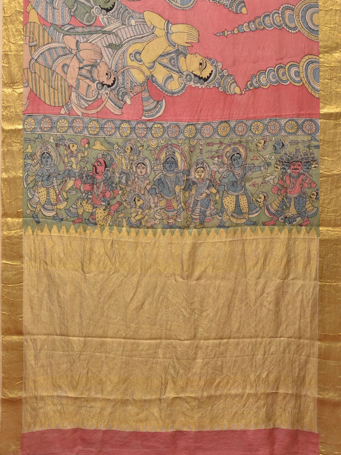 Peach Kalamkari Hand Painted Kanchipuram Silk Handloom Saree with Ramayana Design KL0769