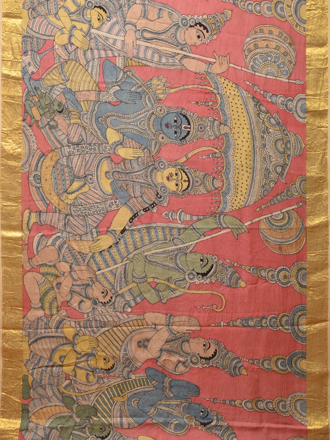 Peach Kalamkari Hand Painted Kanchipuram Silk Handloom Saree with Ramayana Design KL0769