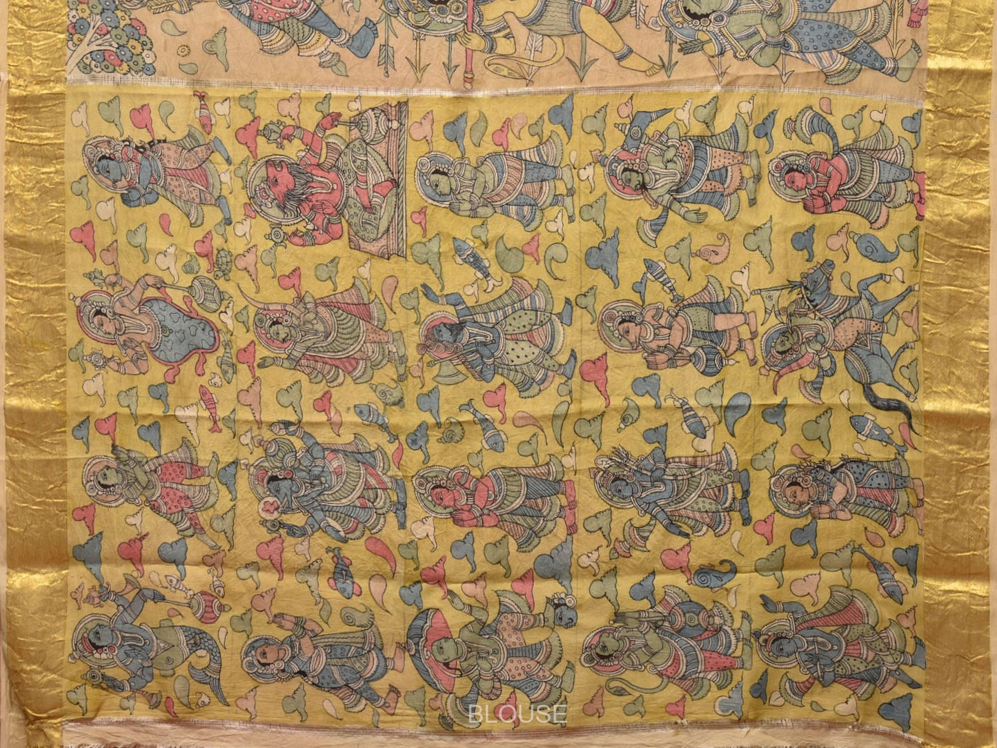 Peach Kalamkari Hand Painted Kanchipuram Silk Handloom Saree with Ramayana Design KL0769