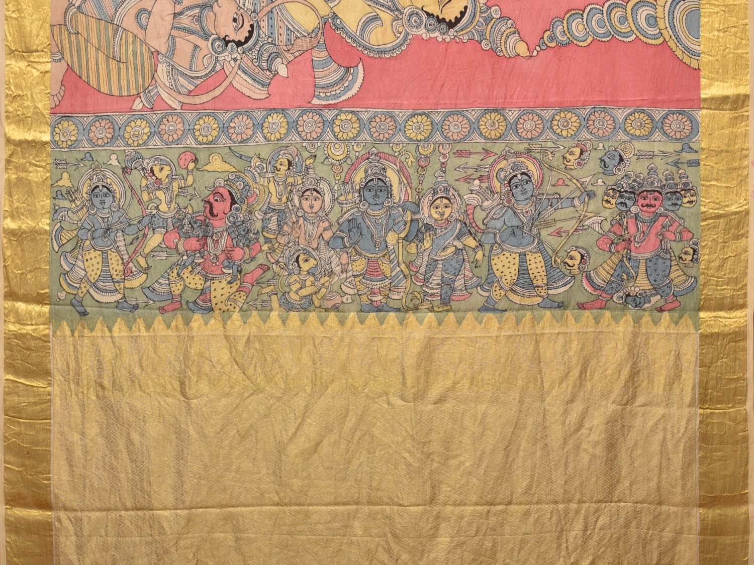 Peach Kalamkari Hand Painted Kanchipuram Silk Handloom Saree with Ramayana Design KL0769