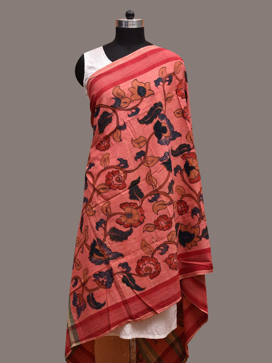 Peach Kalamkari Hand Painted Khadi Cotton Handloom Dupatta with Floral Design ds3609