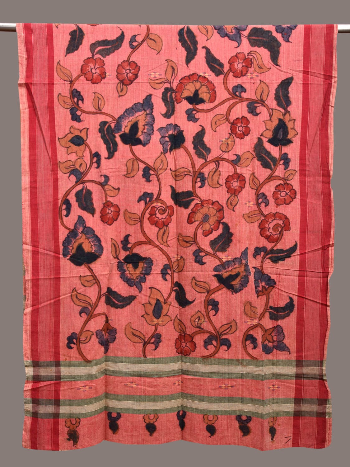 Peach Kalamkari Hand Painted Khadi Cotton Handloom Dupatta with Floral Design ds3609