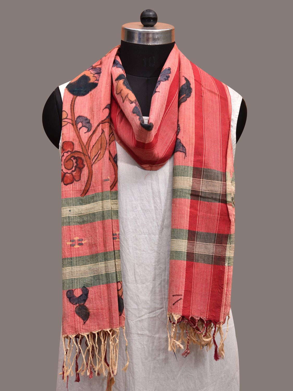 Peach Kalamkari Hand Painted Khadi Cotton Handloom Dupatta with Floral Design ds3609