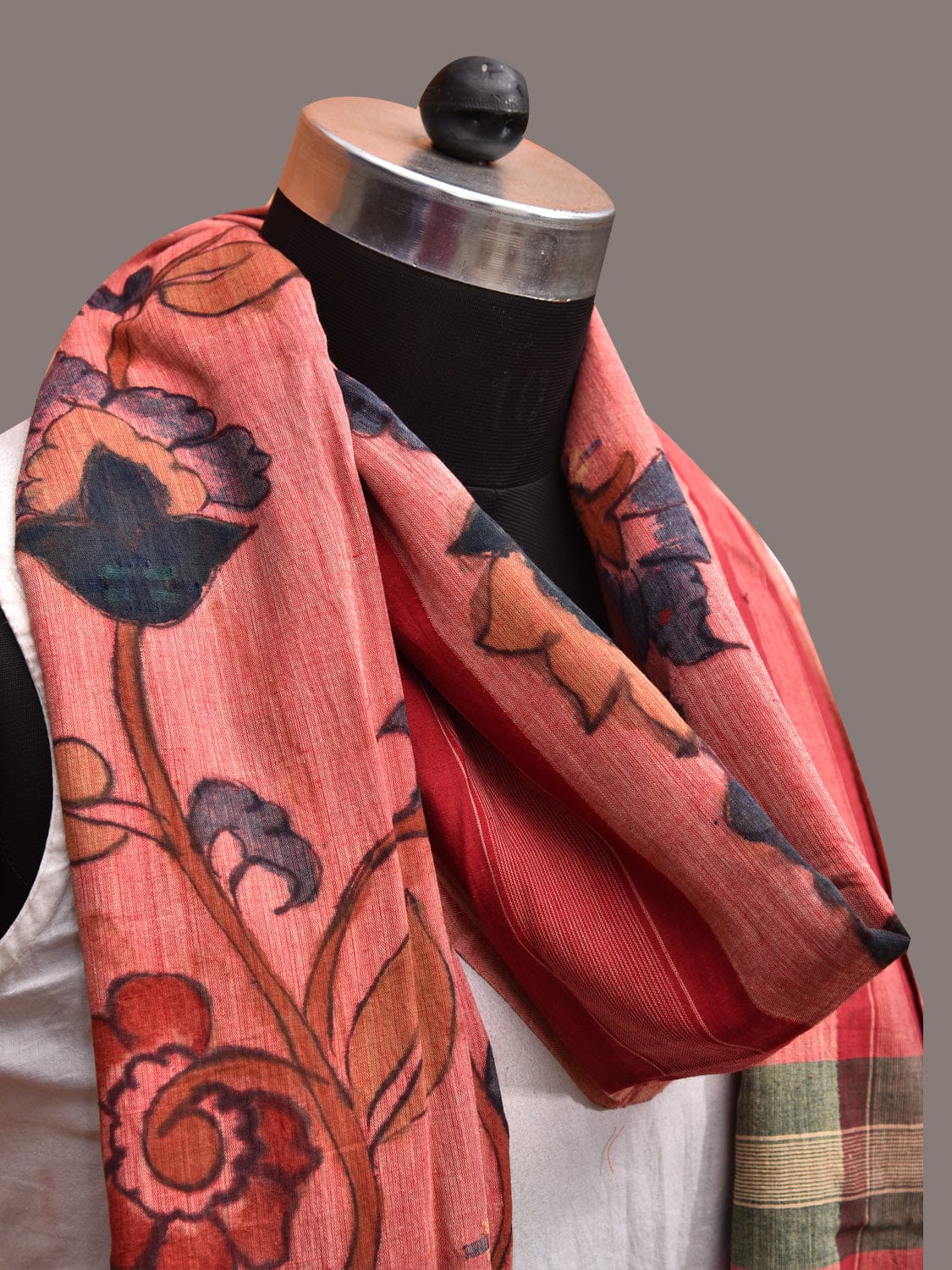 Peach Kalamkari Hand Painted Khadi Cotton Handloom Dupatta with Floral Design ds3609