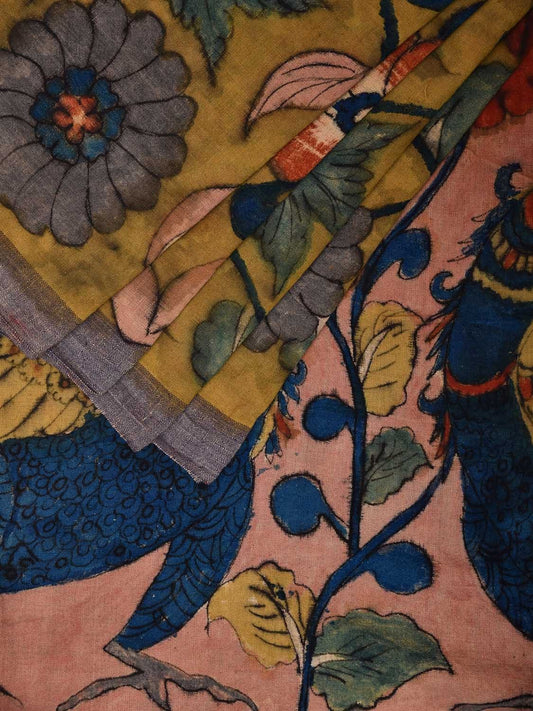 Peach Kalamkari Hand Painted Khadi Cotton Handloom Saree with Floral and Peacocks Pallu Design KL0785