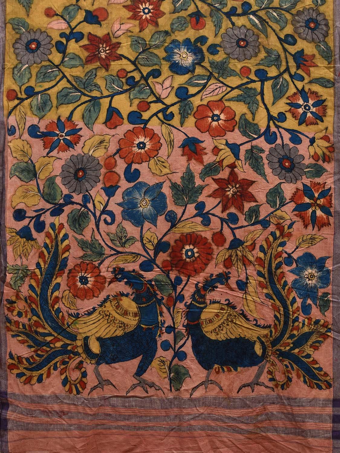 Peach Kalamkari Hand Painted Khadi Cotton Handloom Saree with Floral and Peacocks Pallu Design KL0785