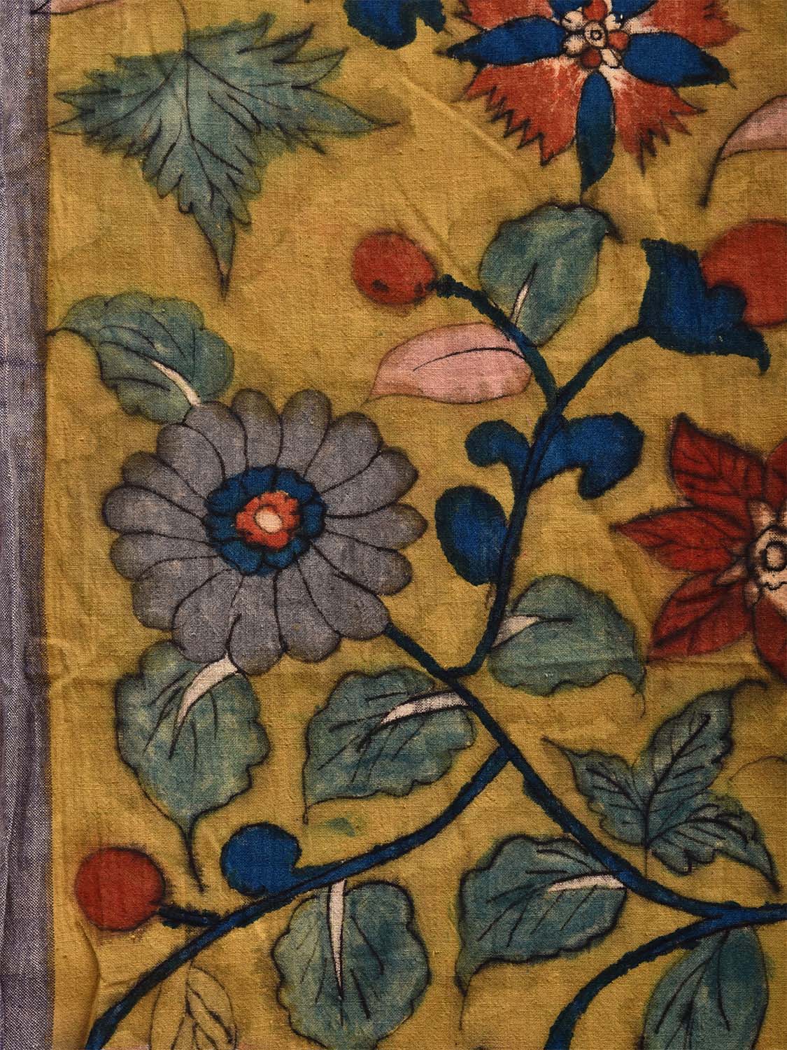 Peach Kalamkari Hand Painted Khadi Cotton Handloom Saree with Floral and Peacocks Pallu Design KL0785