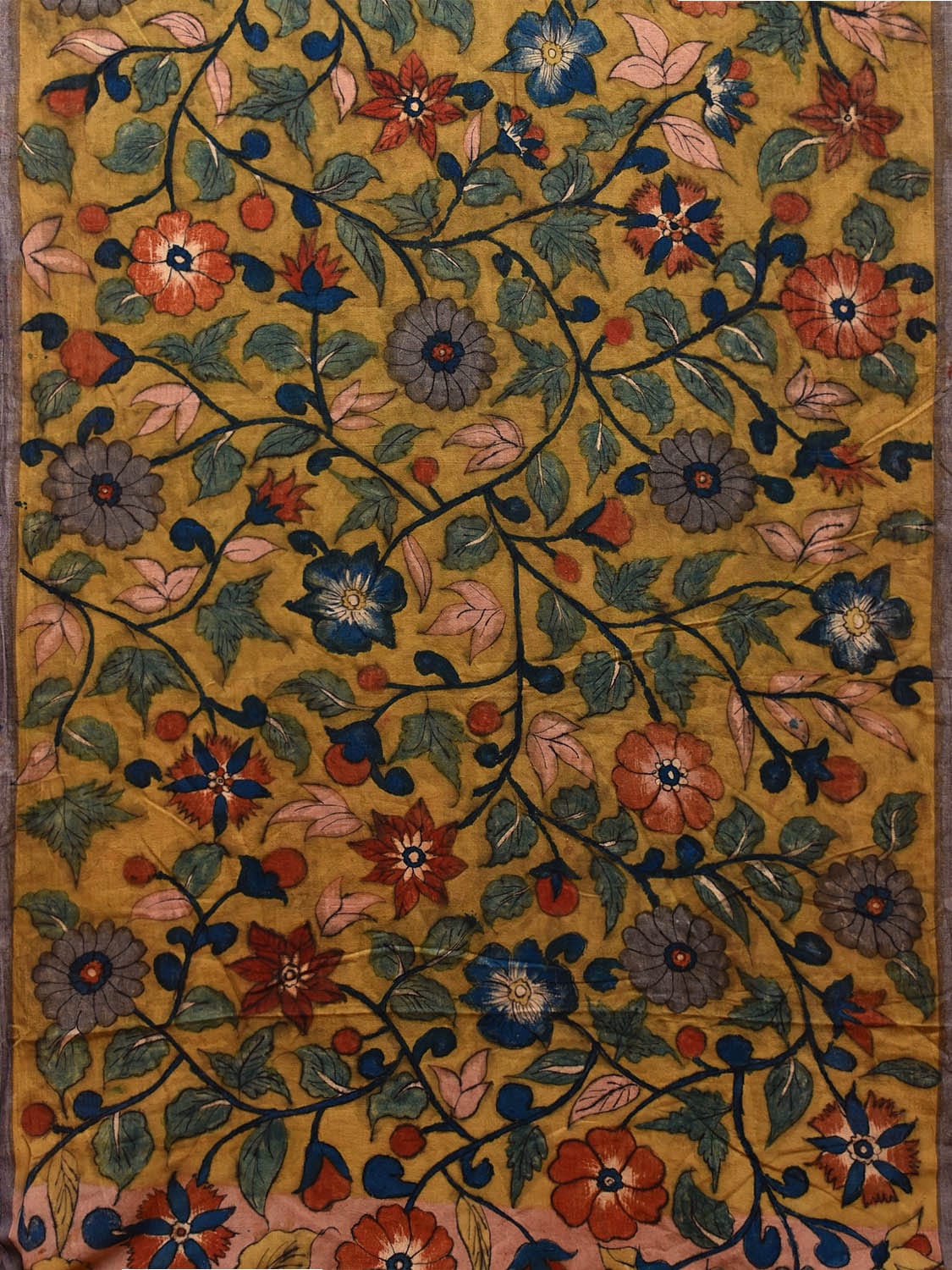 Peach Kalamkari Hand Painted Khadi Cotton Handloom Saree with Floral and Peacocks Pallu Design KL0785