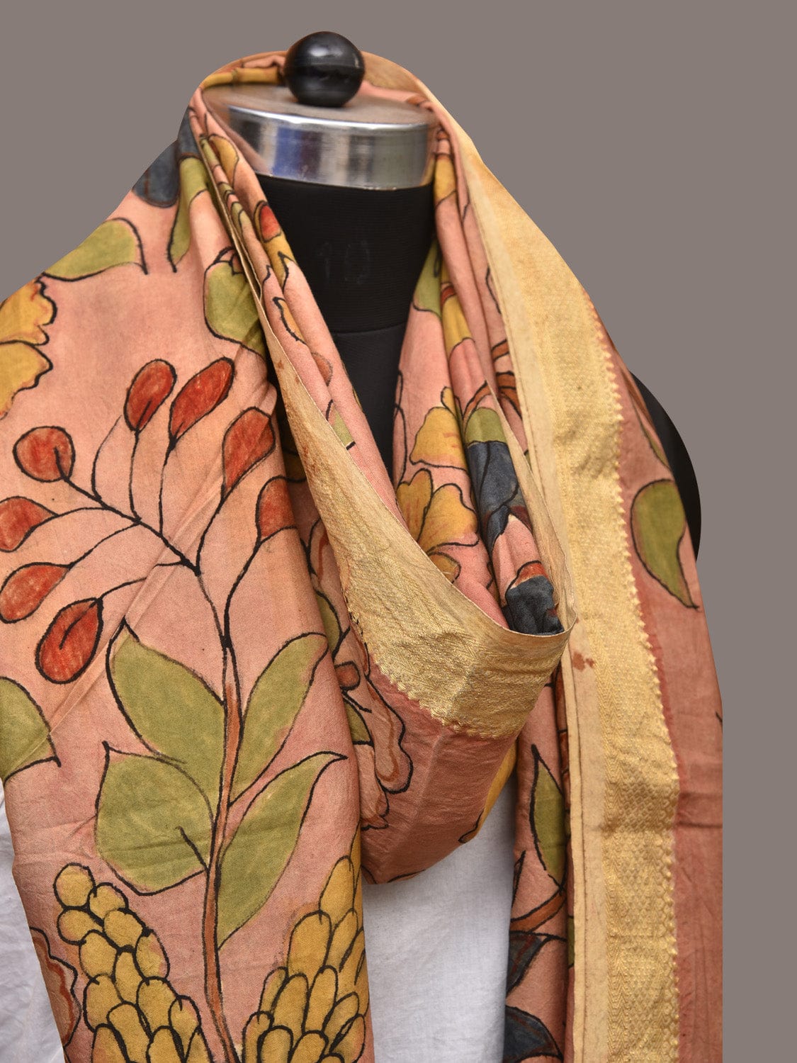 Peach Kalamkari Hand Painted Sico Dupatta with Floral and Zari Border Design ds3454