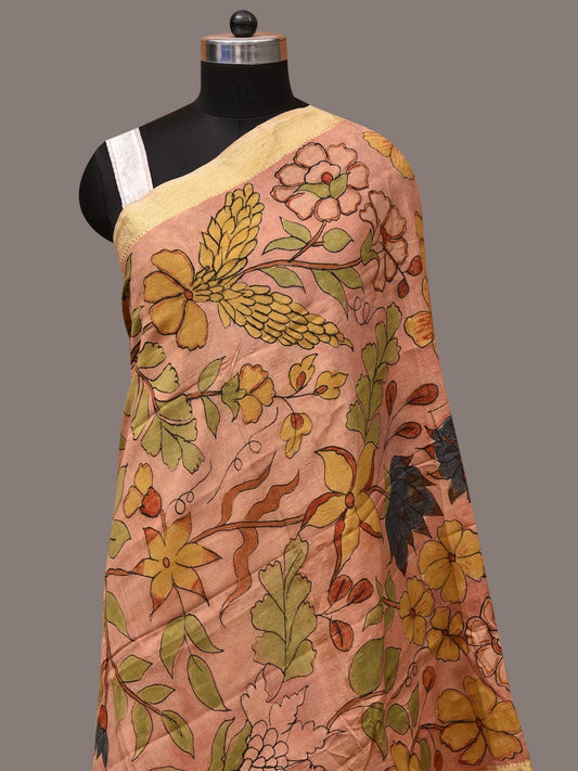 Peach Kalamkari Hand Painted Sico Dupatta with Floral and Zari Border Design ds3454