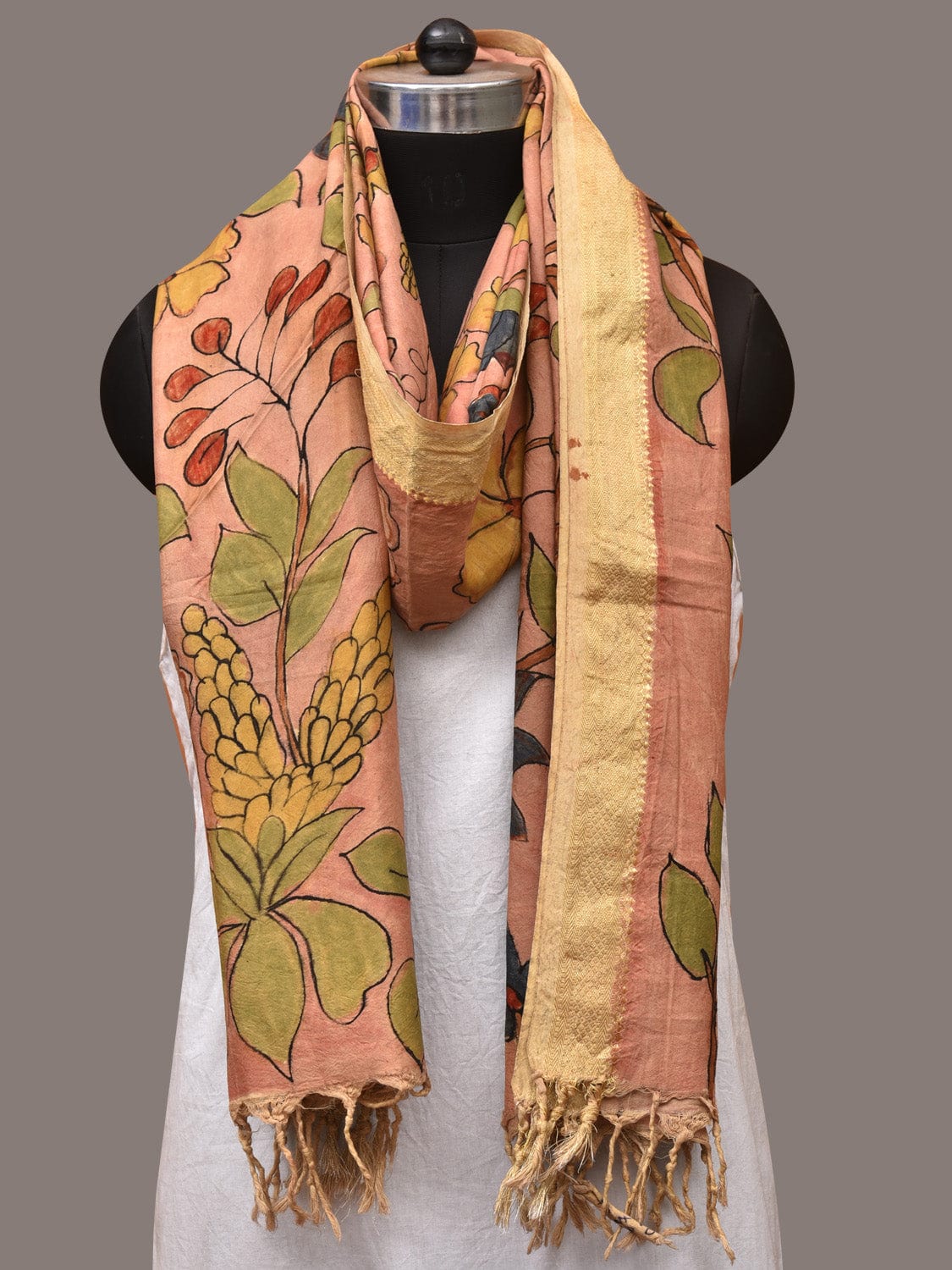 Peach Kalamkari Hand Painted Sico Dupatta with Floral and Zari Border Design ds3454