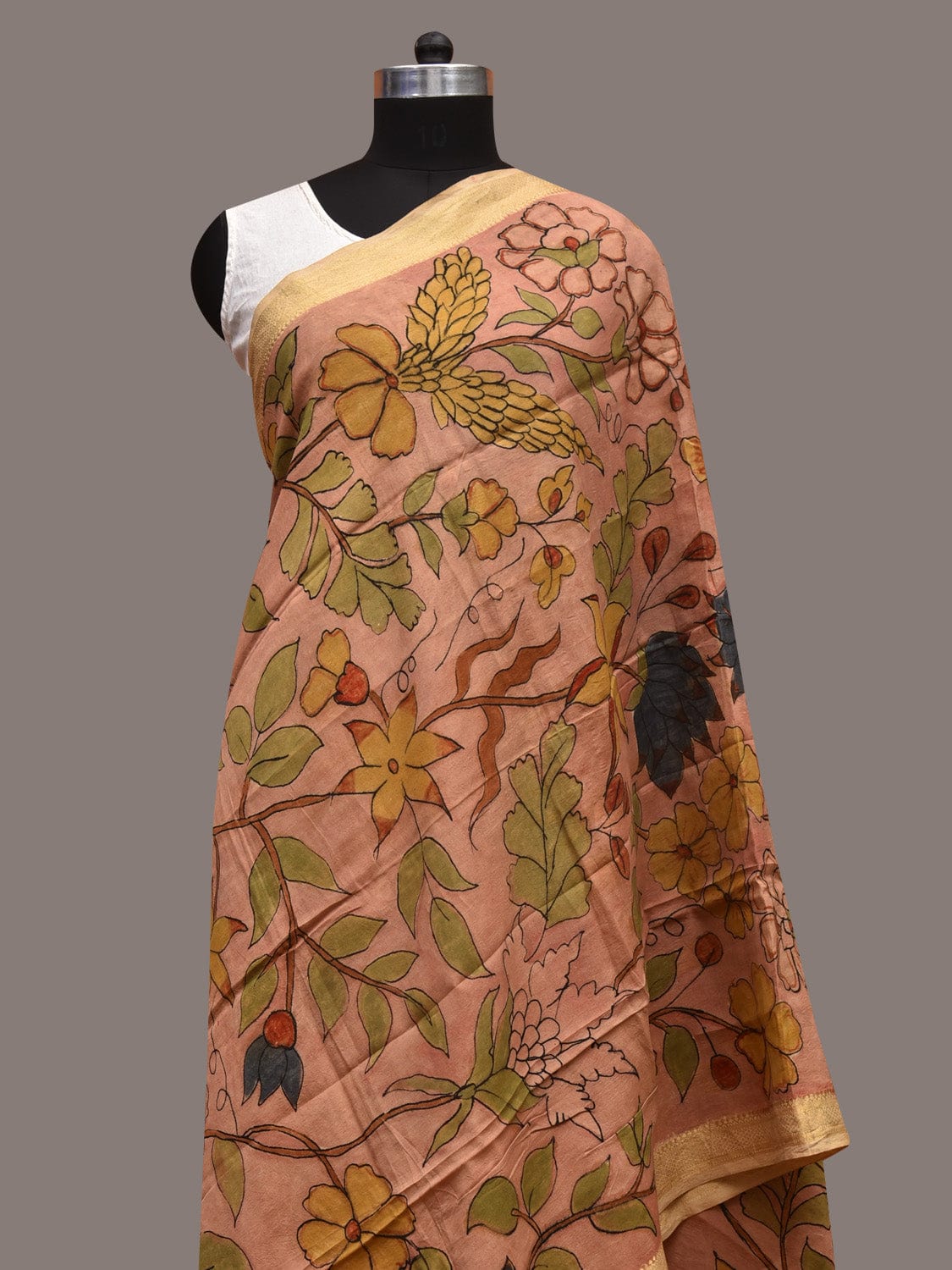 Peach Kalamkari Hand Painted Sico Dupatta with Floral Design ds3582