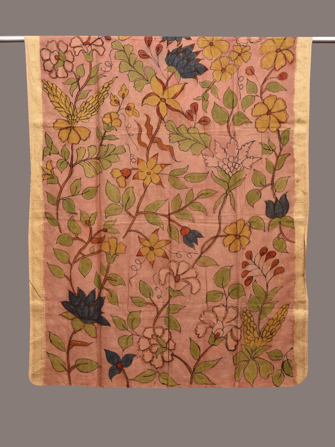 Peach Kalamkari Hand Painted Sico Dupatta with Floral Design ds3582