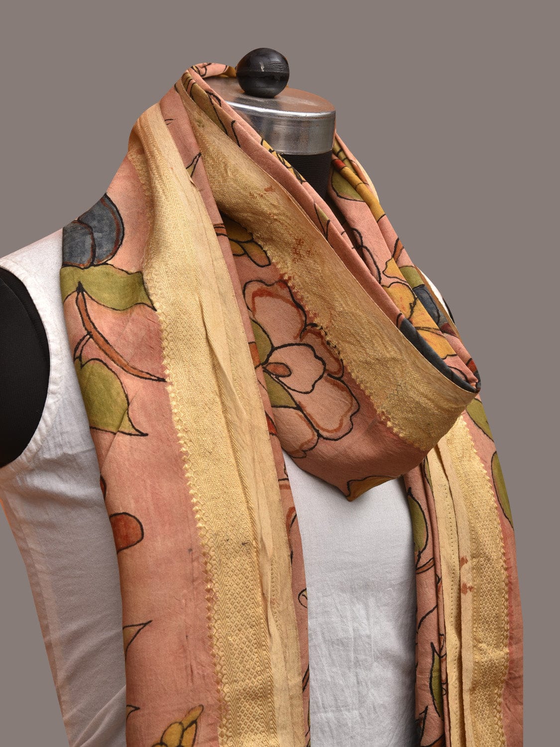 Peach Kalamkari Hand Painted Sico Dupatta with Floral Design ds3582