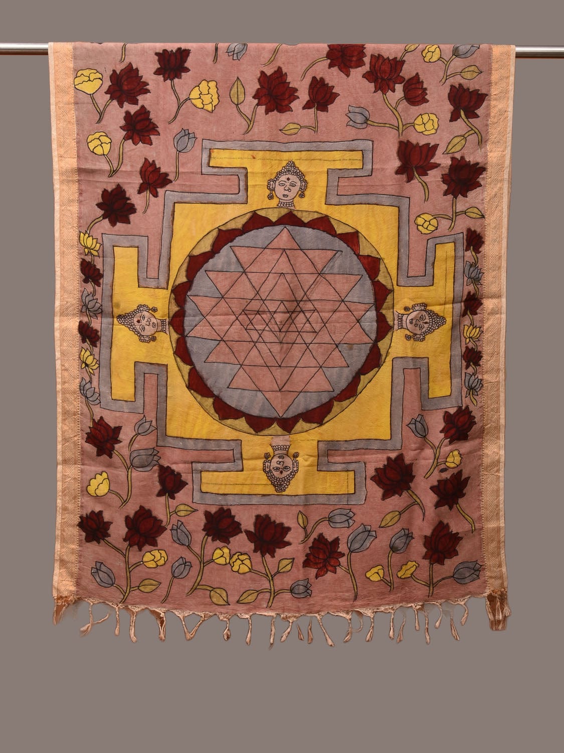 Peach Kalamkari Hand Painted Sico Dupatta with Lotus Flowers Design ds3208