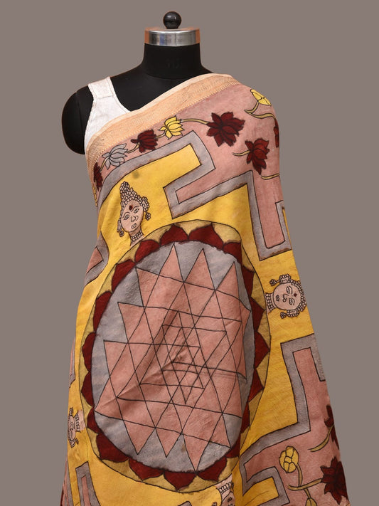 Peach Kalamkari Hand Painted Sico Dupatta with Lotus Flowers Design ds3208