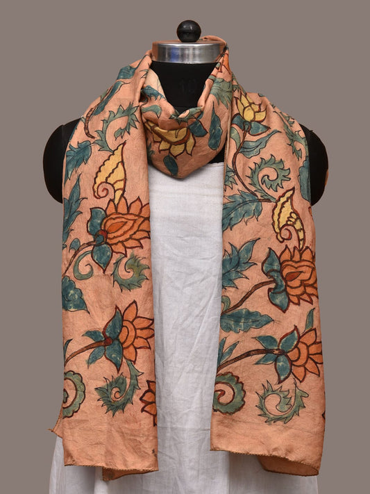 Peach Kalamkari Hand Painted Sico Handloom Stole with Floral Design ds3200