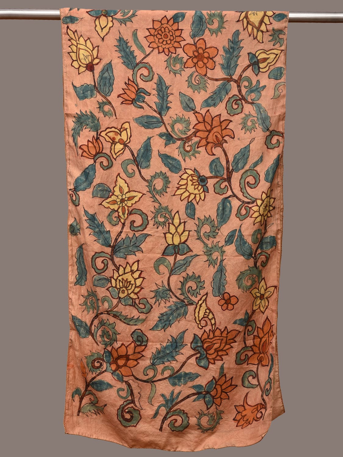 Peach Kalamkari Hand Painted Sico Handloom Stole with Floral Design ds3200