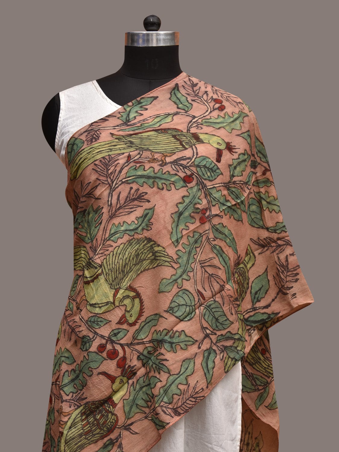 Peach Kalamkari Hand Painted Sico Stole with Birds Design ds3594