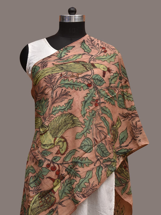 Peach Kalamkari Hand Painted Sico Stole with Birds Design ds3594