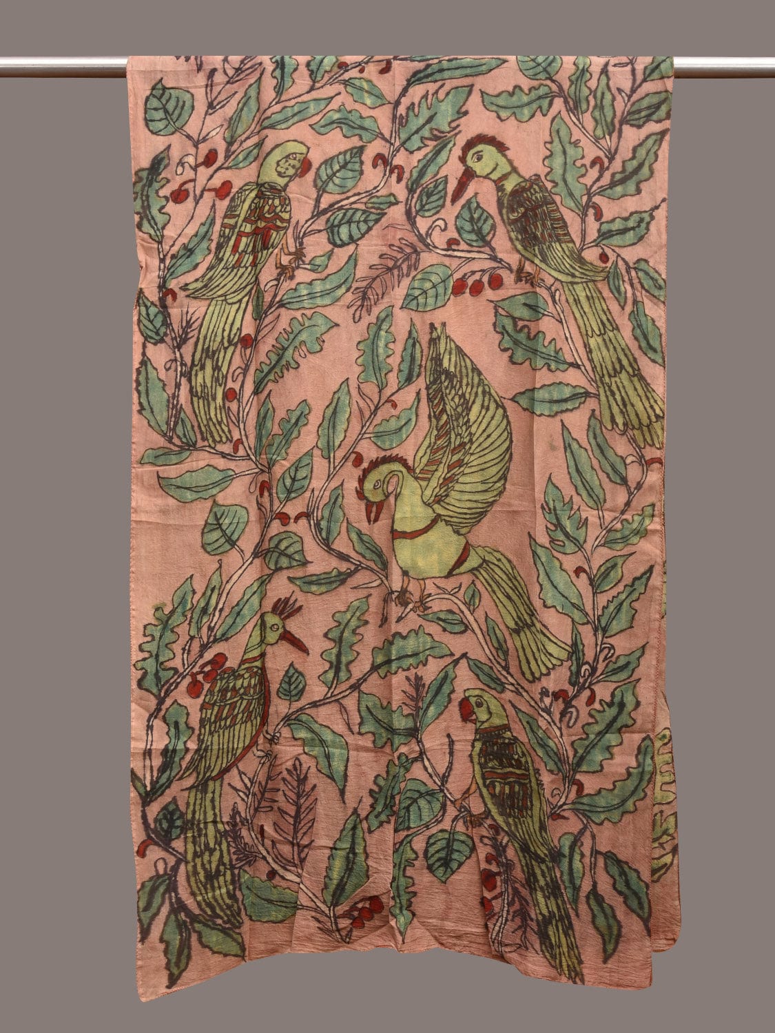Peach Kalamkari Hand Painted Sico Stole with Birds Design ds3594