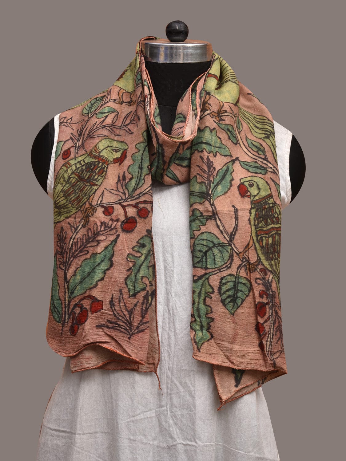 Peach Kalamkari Hand Painted Sico Stole with Birds Design ds3594