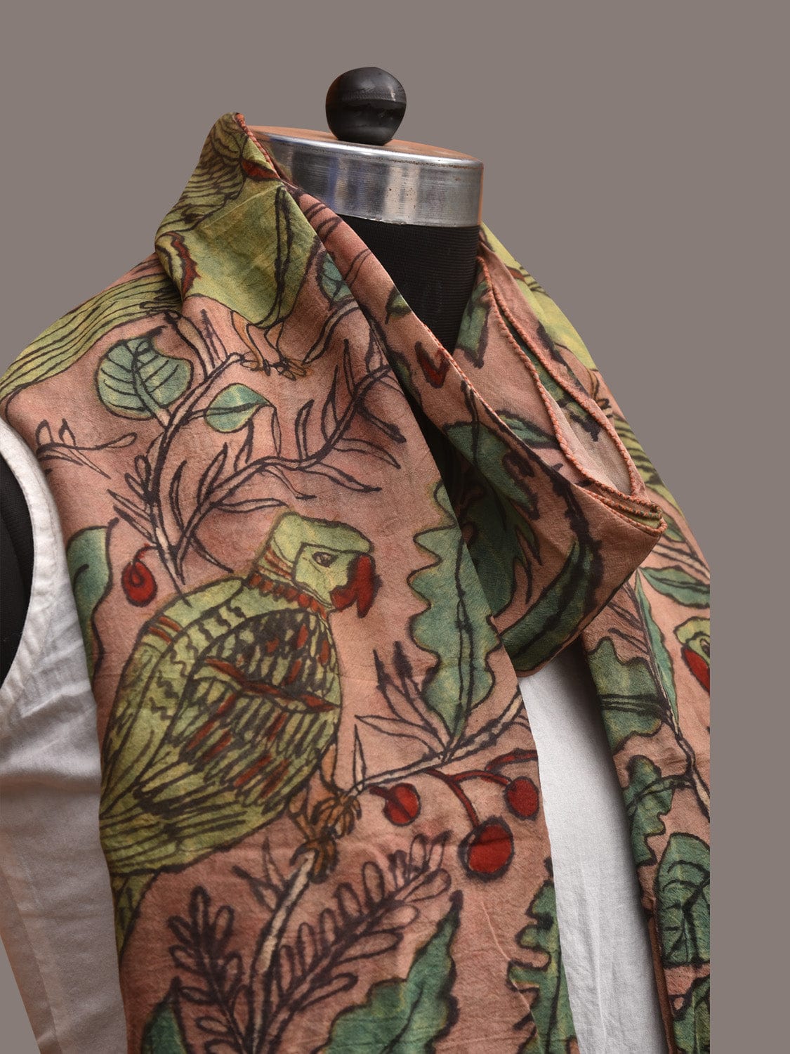 Peach Kalamkari Hand Painted Sico Stole with Birds Design ds3594