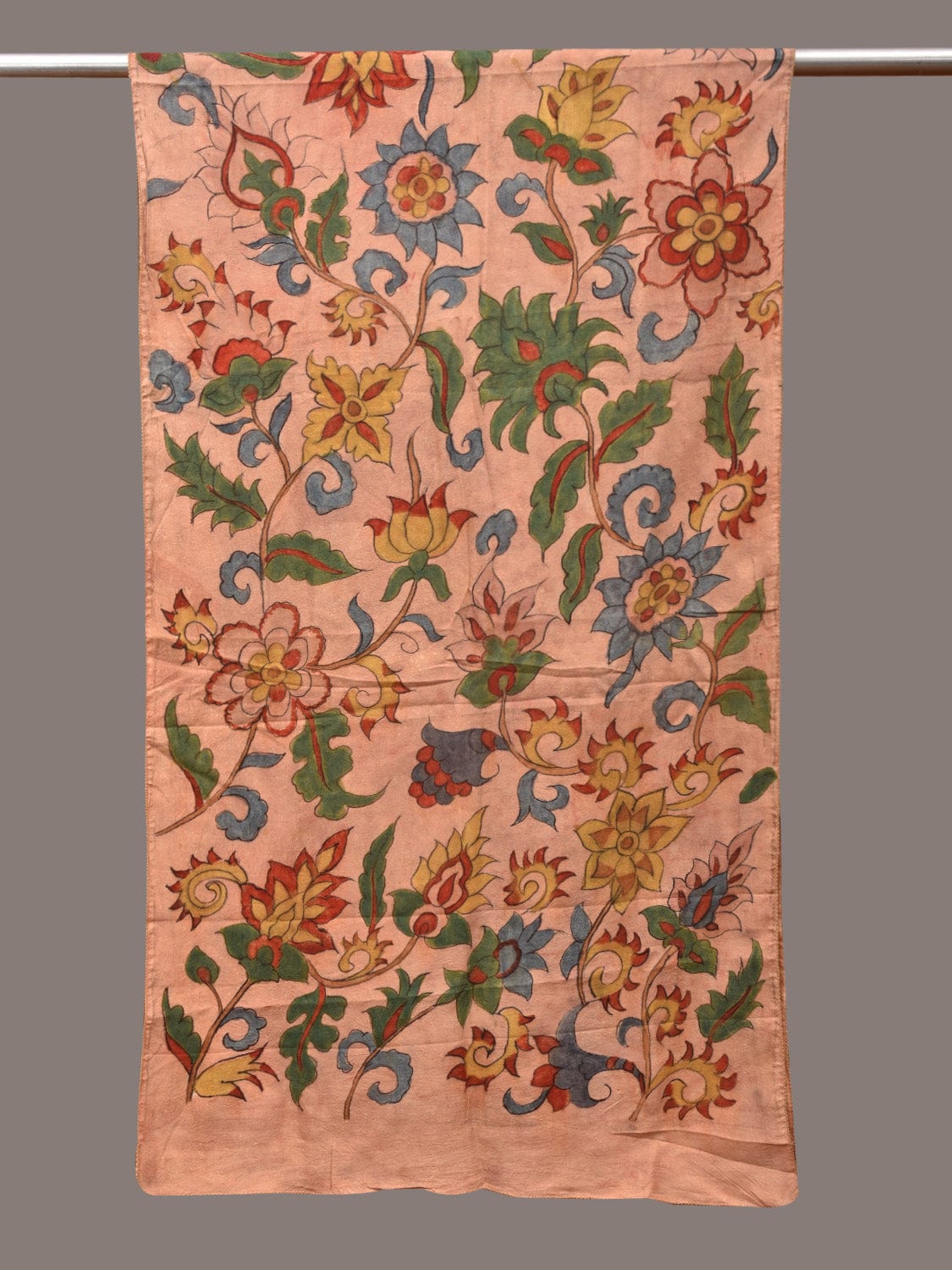 Peach Kalamkari Hand Painted Sico Stole with Floral and Birds Design ds3384
