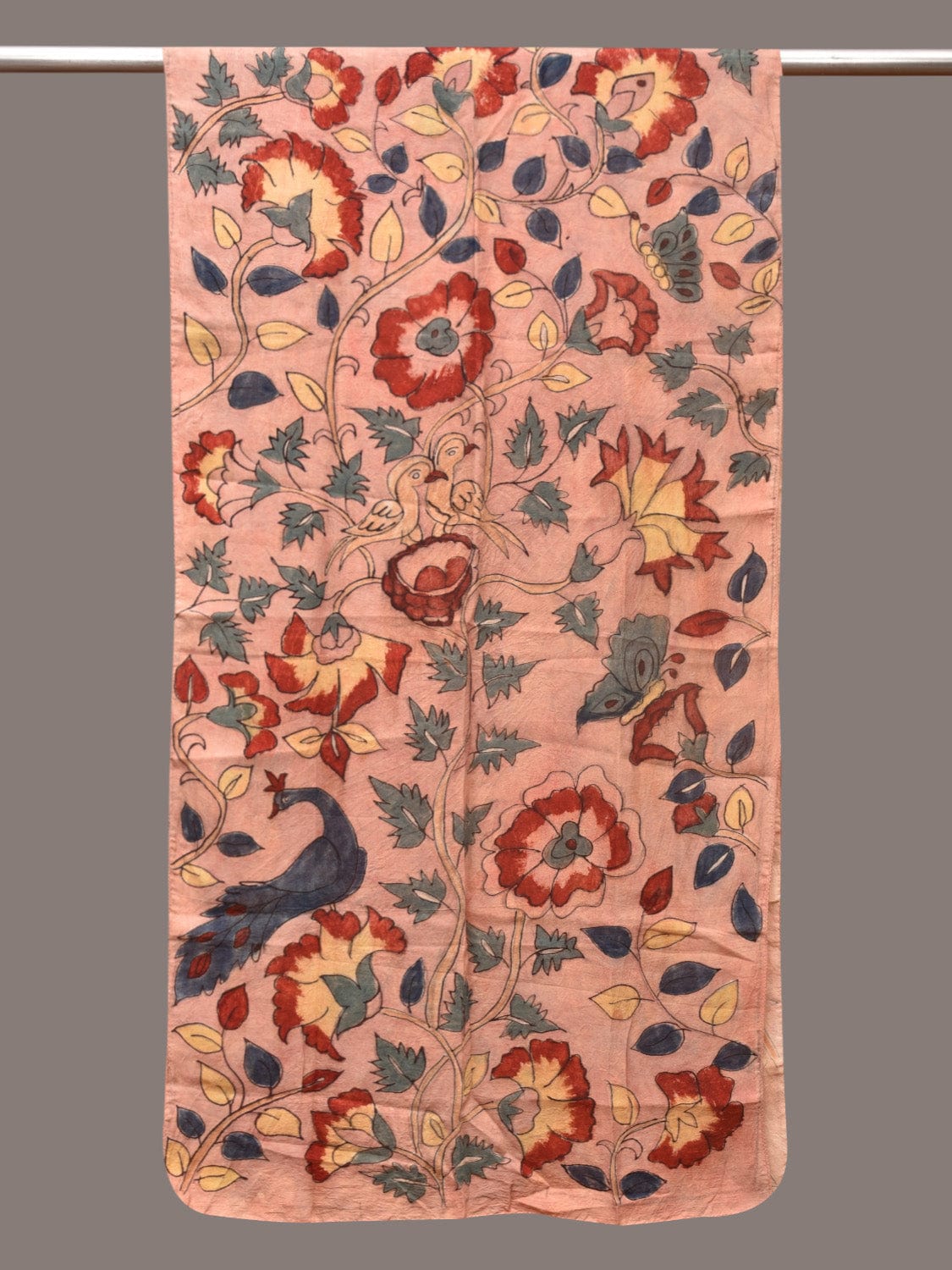 Peach Kalamkari Hand Painted Sico Stole with Floral and Birds Design ds3391