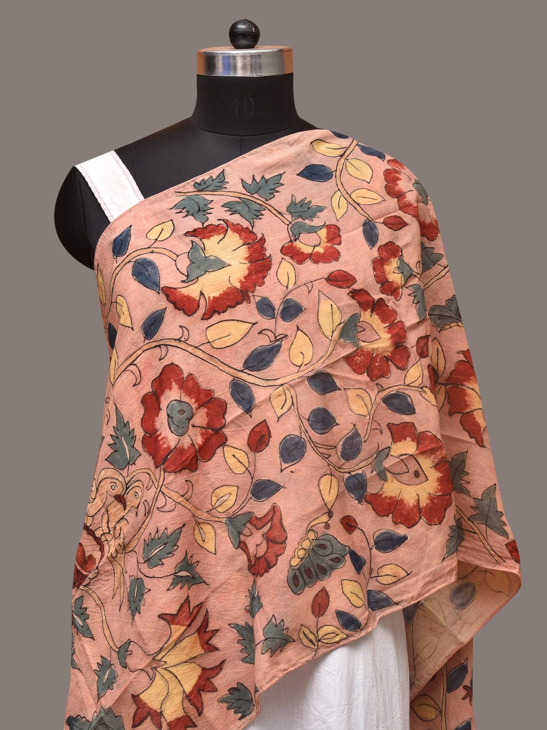 Peach Kalamkari Hand Painted Sico Stole with Floral and Birds Design ds3391