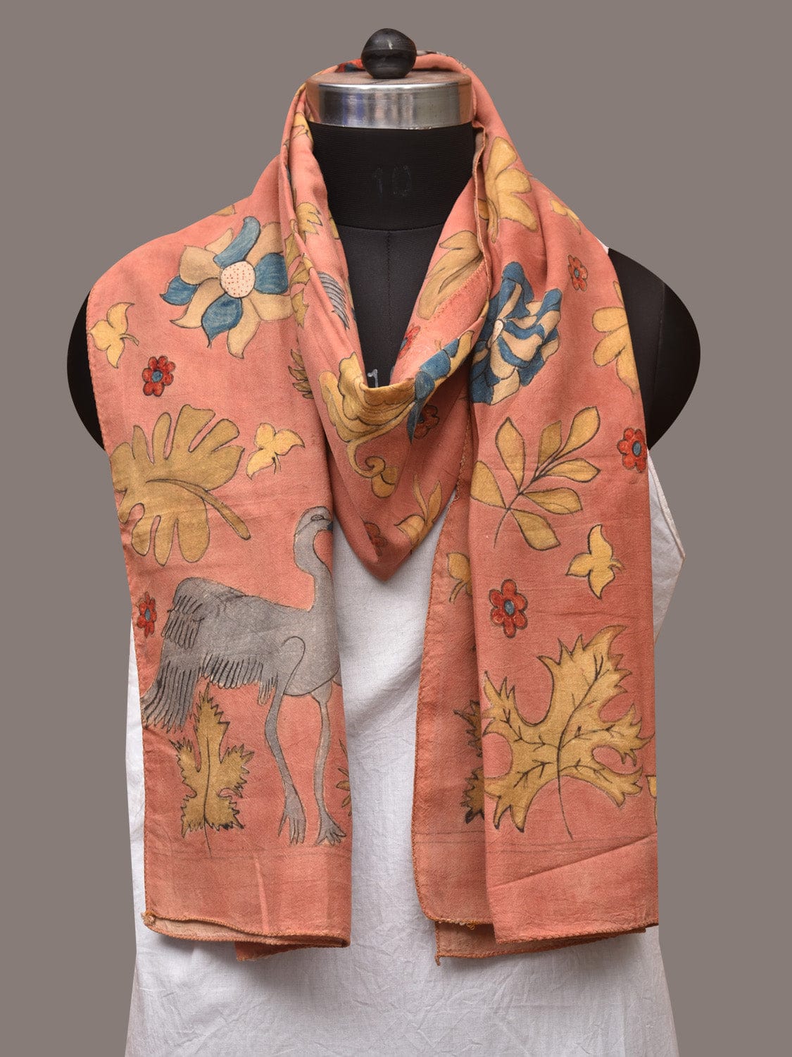 Peach Kalamkari Hand Painted Sico Stole with Floral and Birds Design ds3407