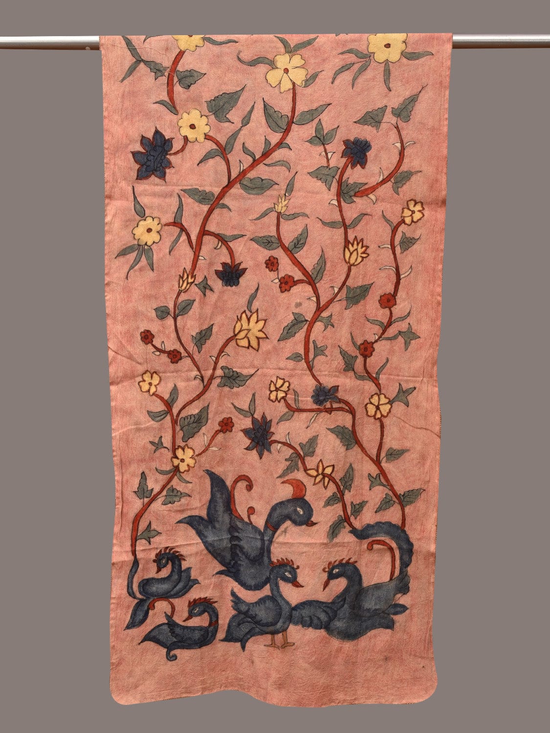Peach Kalamkari Hand Painted Sico Stole with Floral and Birds Design ds3518