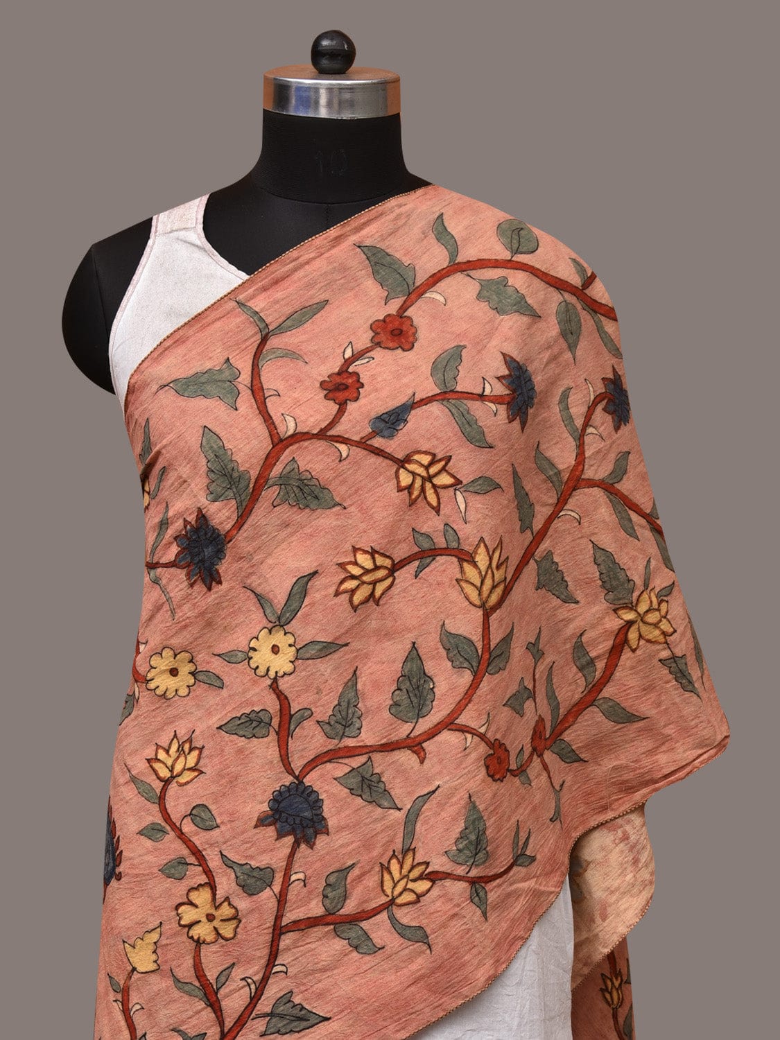 Peach Kalamkari Hand Painted Sico Stole with Floral and Birds Design ds3518