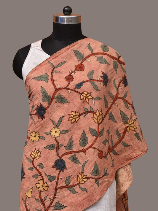Peach Kalamkari Hand Painted Sico Stole with Floral and Birds Design ds3518