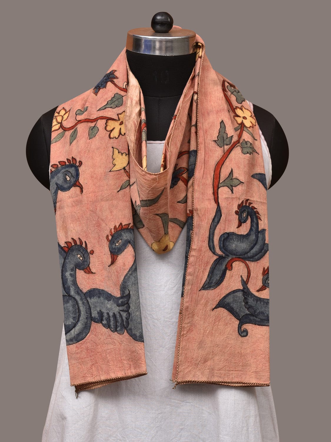 Peach Kalamkari Hand Painted Sico Stole with Floral and Birds Design ds3518
