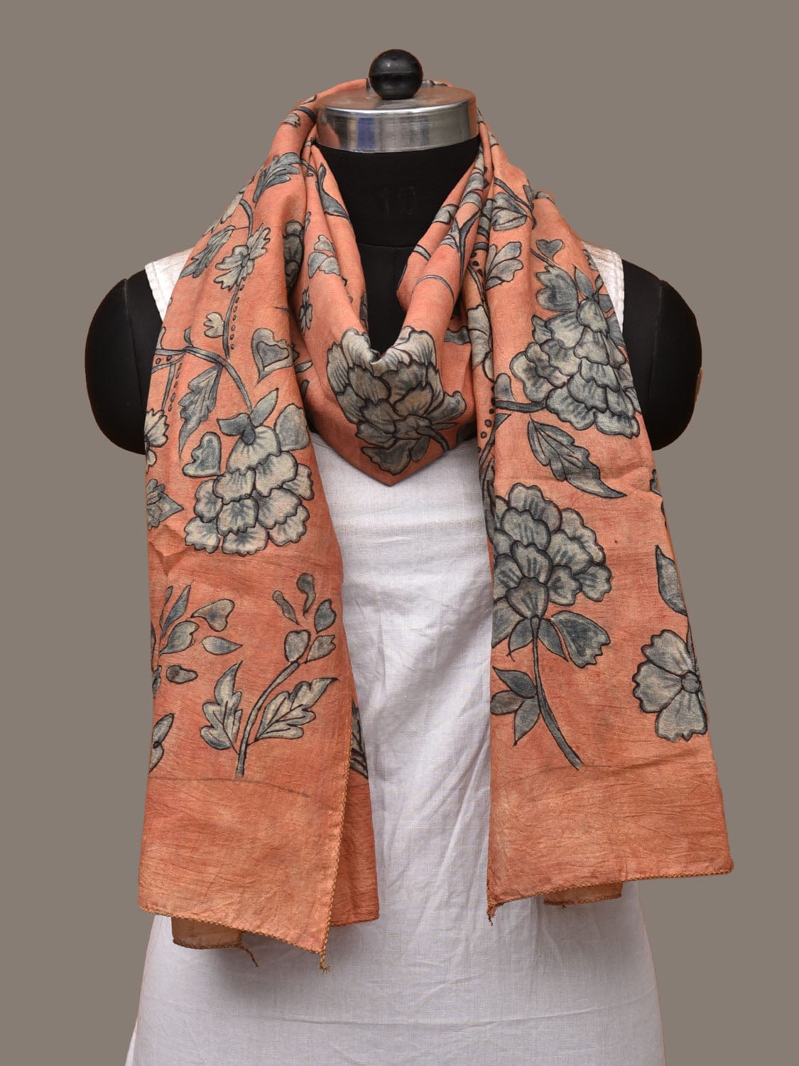Peach Kalamkari Hand Painted Sico Stole with Floral Design ds3151
