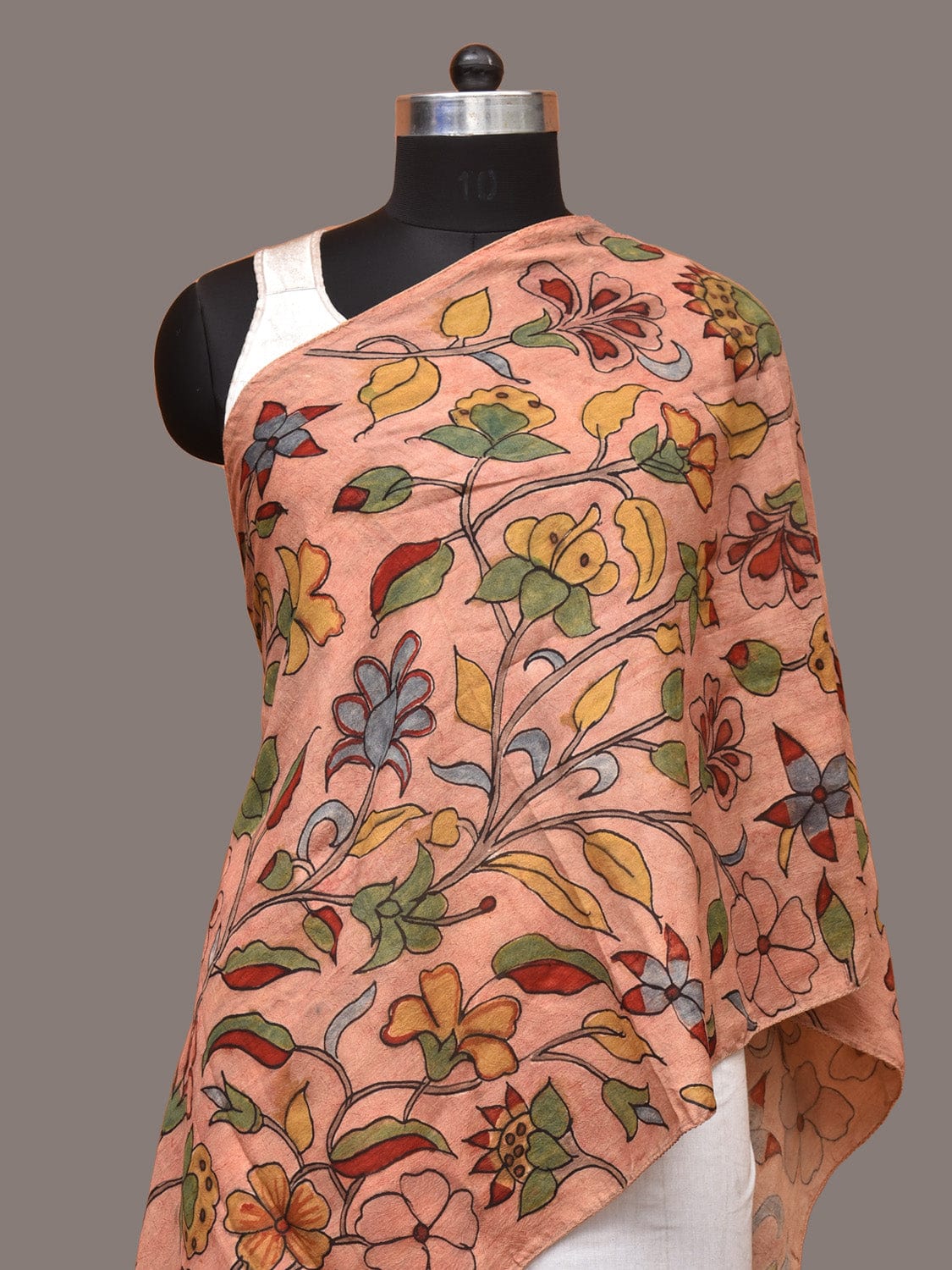 Peach Kalamkari Hand Painted Sico Stole with Floral Design ds3314