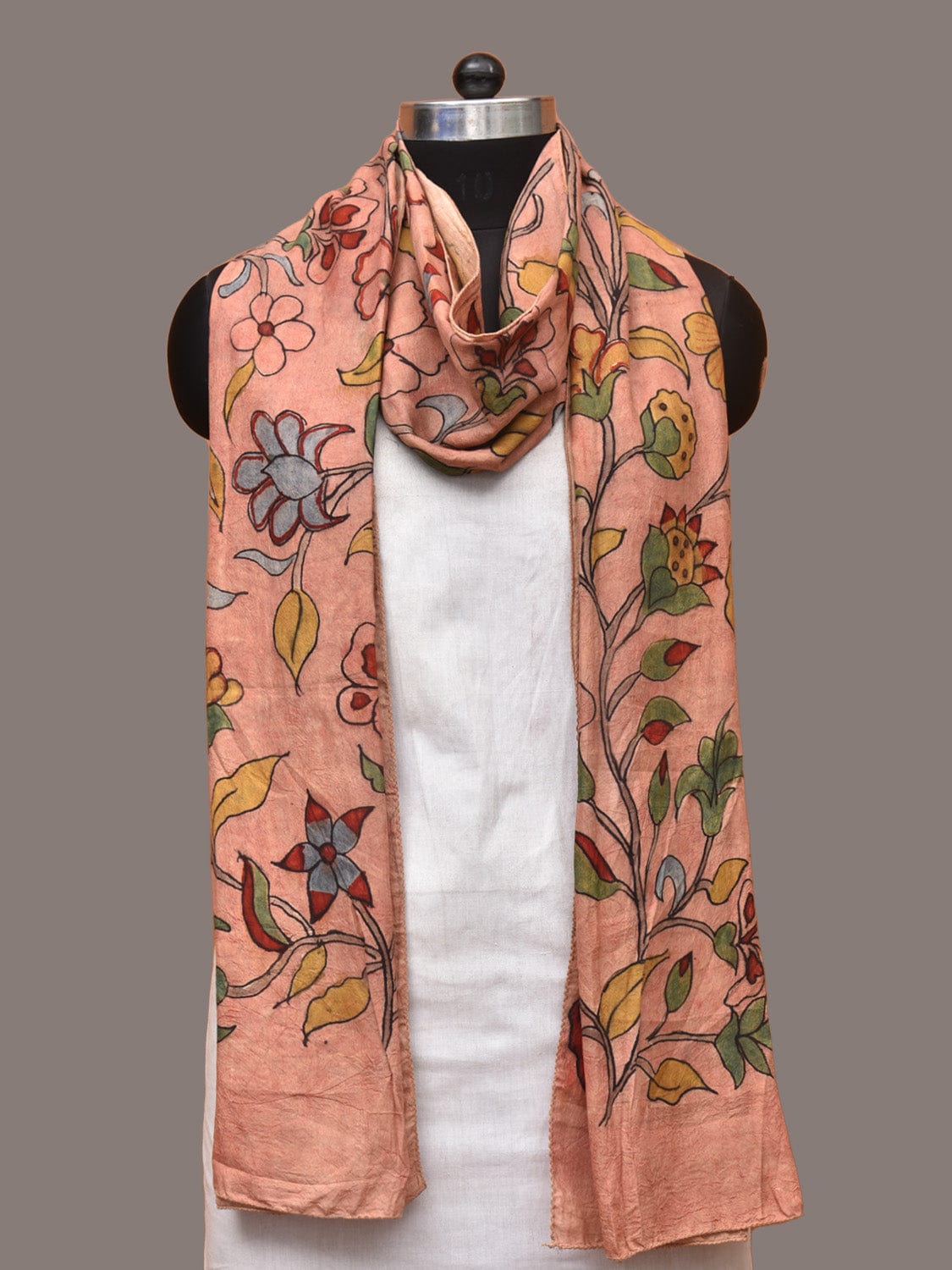 Peach Kalamkari Hand Painted Sico Stole with Floral Design ds3314