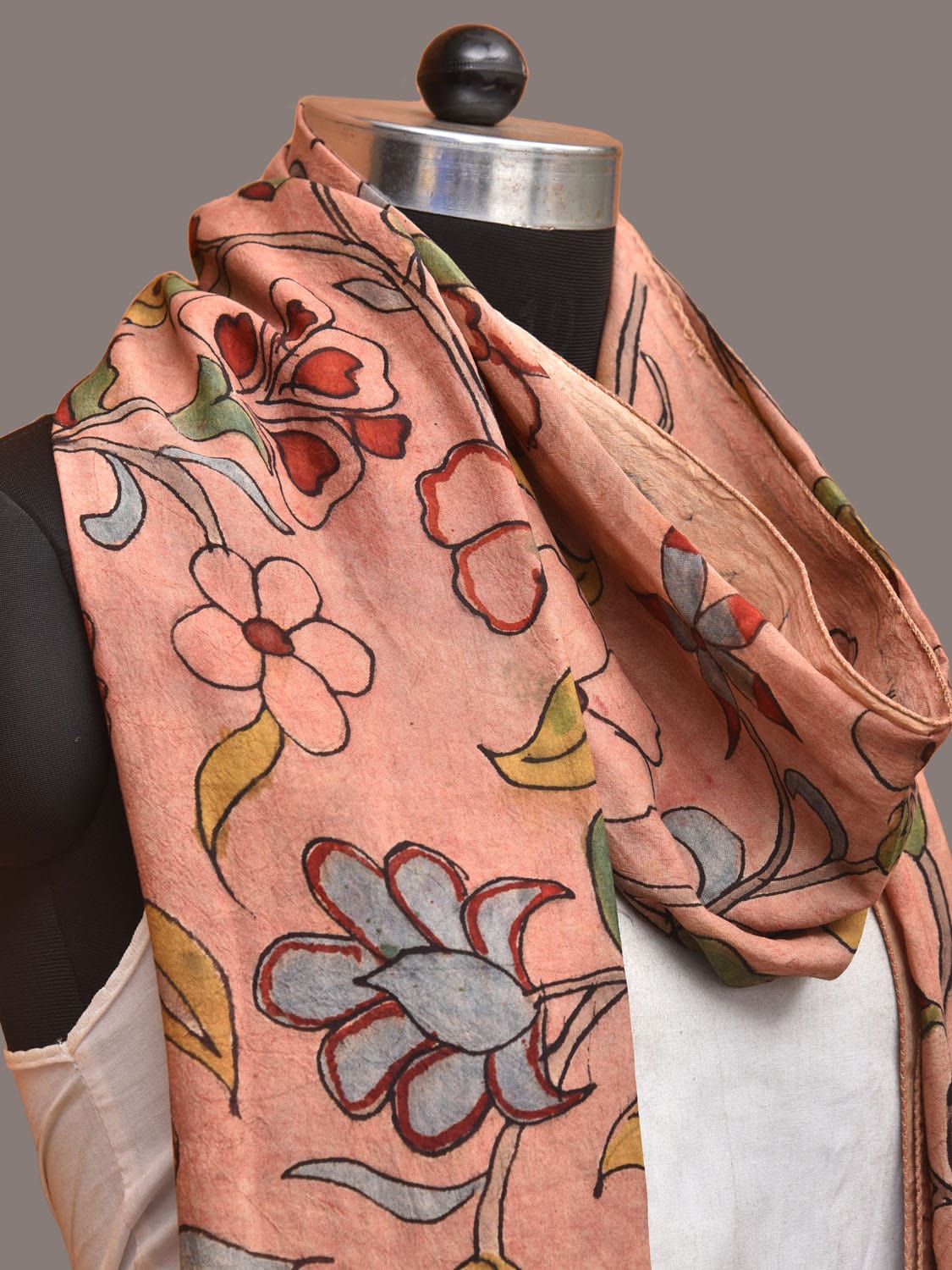 Peach Kalamkari Hand Painted Sico Stole with Floral Design ds3314
