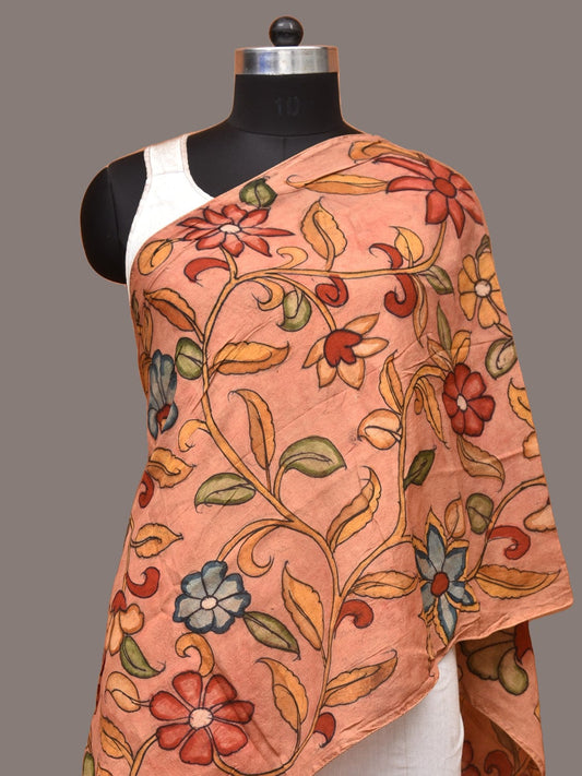 Peach Kalamkari Hand Painted Sico Stole with Floral Design ds3316
