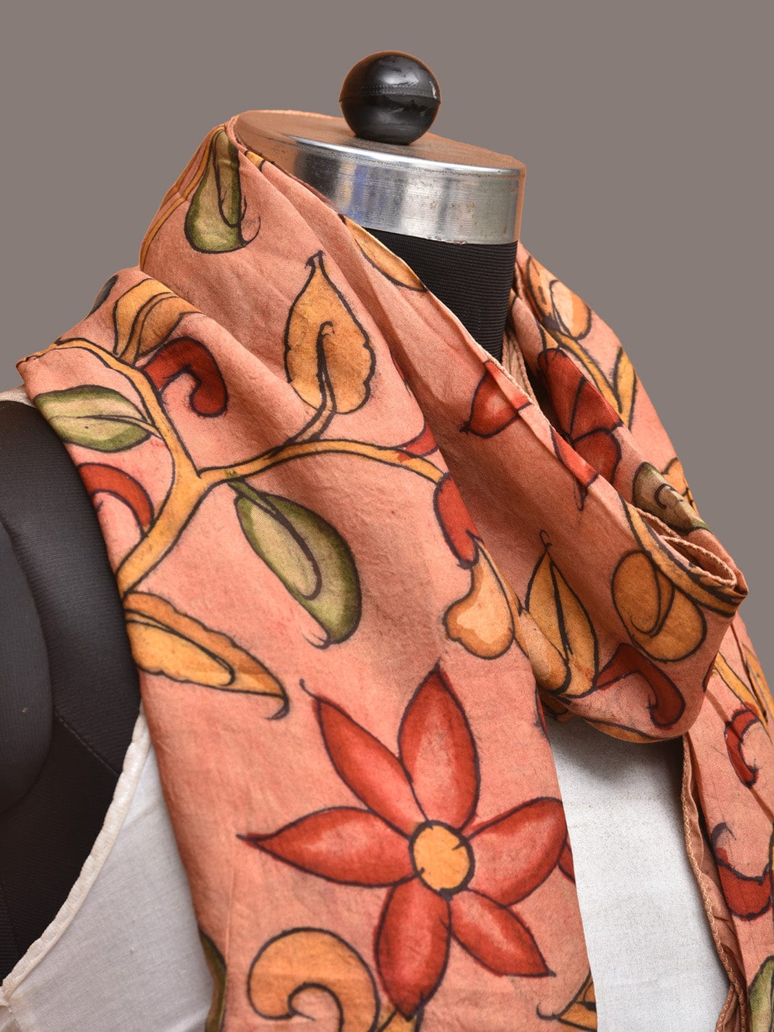 Peach Kalamkari Hand Painted Sico Stole with Floral Design ds3316