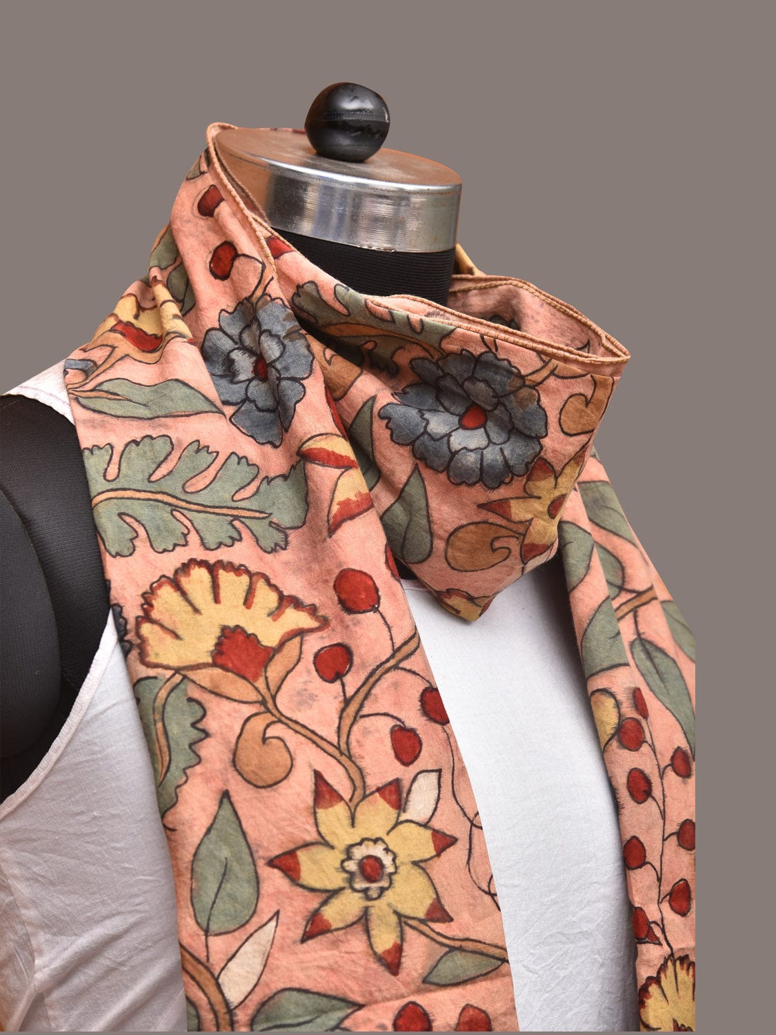 Peach Kalamkari Hand Painted Sico Stole with Floral Design ds3348