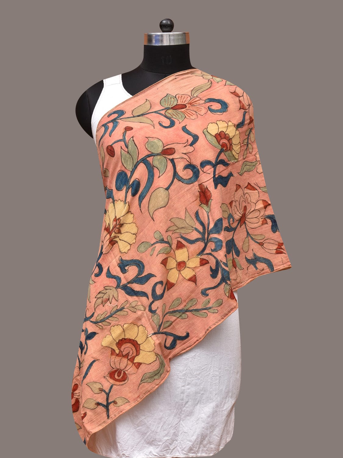 Peach Kalamkari Hand Painted Sico Stole with Floral Design ds3350